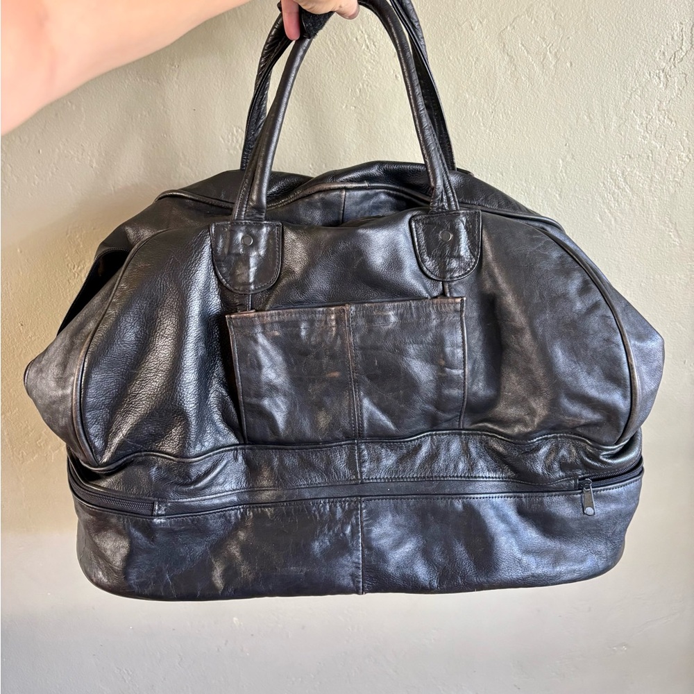 Large Vintage Leather Weekender Duffel Gym Bag with Shoe Compartment
